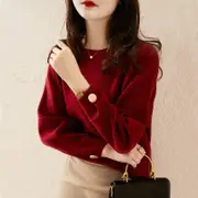 【F-store】針織打底衫女長袖內搭上衣2022秋冬新款百搭圓領寬鬆套頭紅色毛衣