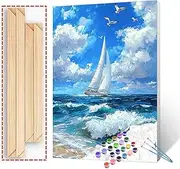 Sailboat at Sea Coastal Paint by Number for Adults Beginner and Kids , DIY Blue Sky Landscape Painting Acrylic Paint by Number Kits for Kids Adults Beginner for Home Wall Decor(DIY Frame)16x20 inch
