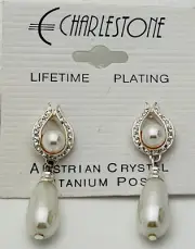 Vintage Charlestone Silver Tone Faux Pearl 38 Crystal Titanium Post Earrings