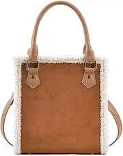 [Mudono] Handbags for Women Small Suede Tote Bag Square Crossbody Shoulder Purse with Faux Shearling Trim and Detachable Strap