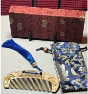 Very Ornate Chinese Carved Comb with Tassel and Bag in a Cloth Covered Lined Box
