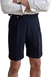 [RegaliaKun] Men's Linen Flat Front Gurkha Shorts Retro Lightweight Tapered Leg Straight Chino Pants Buckle Back Summer Trendy