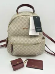 NINE WEST NWT Altin Backpack Taupe Print Coated Canvas Card Case + Pouch Women's