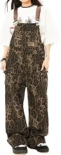 [FEUSEUZ] Women's Leopard Print Overalls Street Retro Leopard Print Work Pants Women's Loose Casual Overalls Jumpsuit