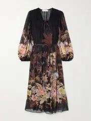 [Zimmermann] Zimmermann - Illuminate Drawn Belted Gathered Printed Crepon Midi Dress - Black - 0 0 Black
