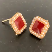 Men’s Ruby Red Enamel Square Stud Earrings Faux Pearl 1950s French Style Unisex