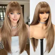 Long Straight Wigs for Women Layered Synthetic Wig with Bangs Light Brown Col...