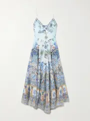 [Camilla] Camilla - Tie-front Crystal-embellished Printed Linen Midi Dress - Blue - x large x large Blue