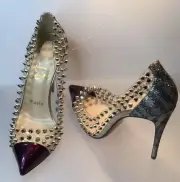 NIB Christian Louboutin SPIKE ME 100 MET GLOSS/PVC/GLIT 37.5 runs small