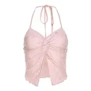 Halter-Neck Distressed Twisted Open-Back Slit Crop Camisole Top Pink - M