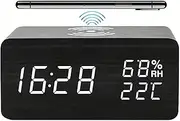 Lancoon Wooden Digital Alarm Clock with LED Wireless Charging Temperature and Humidity Display Adjustable Brightness Sound Control for Bedroom Home Office (Black)