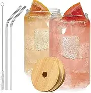 2pcs Transparent Can Glass Cups 500ml Large Thick Drinking Glasses with Bamboo Lids and Stainless Steel Straw Set Can Shaped Beer Glasses Dishwasher Safe for Cold Drink Juice Coffee Cocktail
