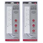 2x Power 4 Outlet Powerboard 1m Lead Extension Strip Socket w/ Surge Protection