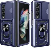 [CCSmall] Phone Case for Samsung Galaxy Z Fold 4 with Slide Camera Window, Heavy Duty Protection Phone Cover Case with Ring Kickstand for Samsung Galaxy Z Fold 4 SJ Blue