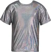 [Loodgao] Shiny Metallic Shirts for Boys and Girls Shimmer Crewneck T-Shirts Jazz Hip Hop Dance Tops Casual Wear