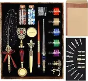 Junhartt Quill Feather Pen and Ink Set, Calligraphy Pen Glass Dip Pen and Wax Seal Stamp Kit (Black)