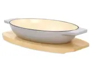 Martha Stewart 2 Piece Cast Iron Oval Au Gratin Casserole Birch Wood Trivet NIB!