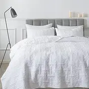 R.SHARE White Quilt Queen Size Bedding Sets with Pillow Shams, Lightweight Soft Bedspread Coverlet, Basket Weave Quilted Blanket Thin Comforter Bed Cover for All Season, 3 Pieces, 90x90 inches