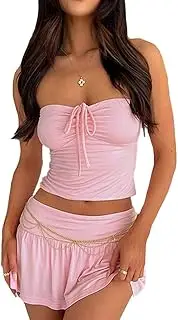 [Fuimsul] Women Sexy Two Piece Outfits Strapless Ruched Tie Front Tube Crop Tops and Ruffle Mini Skirt Sets