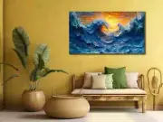 Ocean Waves Abstract Blue Gold Paint Unframed Canvas Print Australian Wall Art
