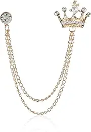 [Anmpab] Lapel Pin for Men Stone Detailing with Golden Crown Crystal Chain Brooch Suit Stud, Shirt Studs Men's Accessories