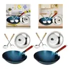 Wok Pan with Lid and Spoon Chef Wood Handle Multifunctional Traditional Wok
