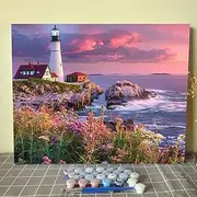 Bug Light Lighthouse Paint by Numbers Kits with Brushes Tropical Seascape Acrylic Oil Ocean at Sunset Painting for Adults Kids Pictures Atlantic Ocean Scenery Arts Craft Farmhouse Decor (Frameless)