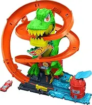 [Hot Wheels] Toy Car Track Set, City T-Rex Blaze Battle Playset & 1:64 Scale Die-Cast Vehicle, 18” Tall, Multiple Race Outcomes, Spinning Dinosaur Eyes