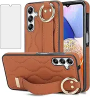 [Asuwish] Phone Case for Samsung Galaxy A14/M14 5G Cover with Screen Protector and Wrist Strap Kickstand Wristband Holder Stand Ring Silicone Rubber Cell Accessories A 14 4G 14A 14M G5 Women Men Brown