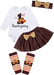 [BabyMars] Newborn Baby Girls Clothes My 1st Thanksgiving Outfits Turkey Tutu Skirt Set + Leg Warms (6-12 Months) White