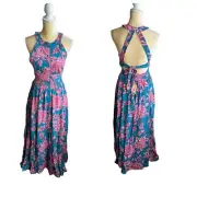 Abel the Label Anthropologie Rumi Maxi Dress NWT Teal Blue Pink Sexy Back sz M