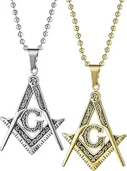 [Bling Jewelry] Black Oxidized Large Freemason Secret Society Square & Compass Masonic Symbol Pendant Necklace For Men Silver Gold Tone Stainless Steel With Bead Chain