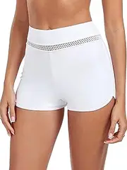 [Ocean Blues] Women's High Waisted Swimming Shorts with Mesh Inserts - Tankini Boyshorts, White, S