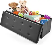 Giantex 114cm Folding Storage Ottoman Bench, Collapsible Bench Chest w/Cover to Support 300kg, Tufted Faux Leather Table Foot Rest Stool Seat Padded Seat Storage Chest for Bedroom Hallway (Black)