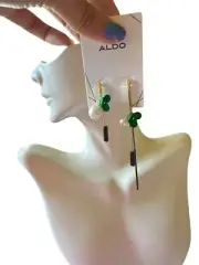 Aldo mismatched green flower white pearl gold tone black drop tassel earrings