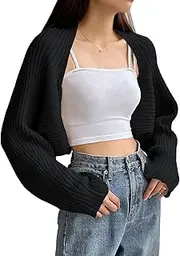 [Verdusa] Women's Long Sleeve Open Front Knitted Crop Cardigan Sweater Shrug