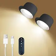 2 Pack USB Rechargeable Wall Mounted LED Lamp Sconce with 3 Color Temperatures & 5 Light Brightness Levels,360° Rotatable Magnetic Ball & Remote Control for Reading Study Bedside