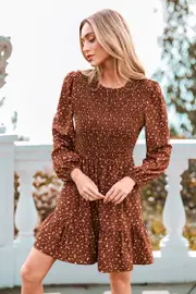 Cupshe Brown Ditsy Bubble Sleeve Smocked Midi Dress - Brown,M