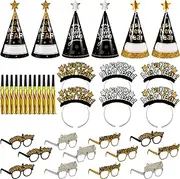 jojofuny New Years Eve Party Favors, Glitter Sequin Noise Makers Party Favors for 12 Guests, 6 Party Hats, 6 Headbands, 12 Glasses, 12 Squawkers for Happy New Year Party Decorations
