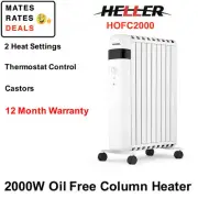 Heller 2000W Oil Free White Column Heater+2 Heat Settings+Castors+HOFC2000