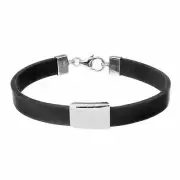 Men's Leather Bracelet 925 Sterling Silver Black Engravable Wristband - Silverly