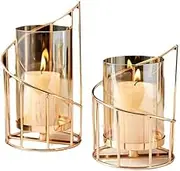 Tea Light Candle Holders Gold - Geometric Tealight Holder for Pillar Candles, Table Centrepiece for Wedding Dining Living Room Mantel Fireplace Shelf Modern Decor，2Pcs
