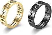 [Uiopqrst] 2Pcs Men's Viking Rune Ring, Silver/Gold/Black Hollow Nordic Ring for Men, 6MM Stainless Steel Band Mens Rings