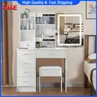 White Vanity Makeup Dressing Table With LED Bulbs Mirror 6 Drawer Cushion Stool