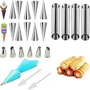 ABSOK Cannoli Tubes Cream corner molds, stainless steel cream roll molds, spiral croissant molds, cone molds, for cream roll molds, cake tool kit, molds with ice spout and cleaning brush(24 PCS)