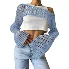 Women's Cute Crochet Crop Top Y2K Knitted Long Sleeved Shawl Hollow out Fish Net