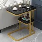 Side Table C-Shaped Coffee Table Imitation Marble Texture 2-Layer Storage Shelf