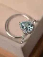 2.18 Ct Pear Cut Natural Aquamarine Diamond Engagement Ring14K solid white gold