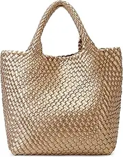 [Queenoris] Woven Bag for Women, Vegan Leather Tote Bag Large Summer Beach Travel Handbag and Purse Retro Handmade Shoulder Bag