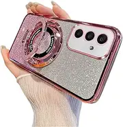 [QIWEIQING] Glitter Case for Samsung Galaxy A70, Electroplate Flash Shell for Girls Women Ring Stand Function Camera Protector Shockproof Transparent TPU Cover for Samsung Galaxy A70. Pink DS